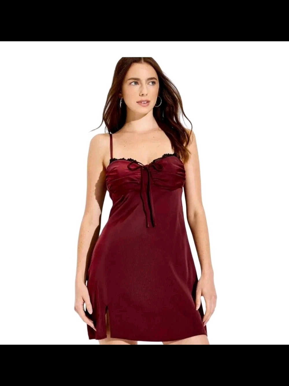 wild fable Burgundy Satin Midi Chemise with Lace Trim